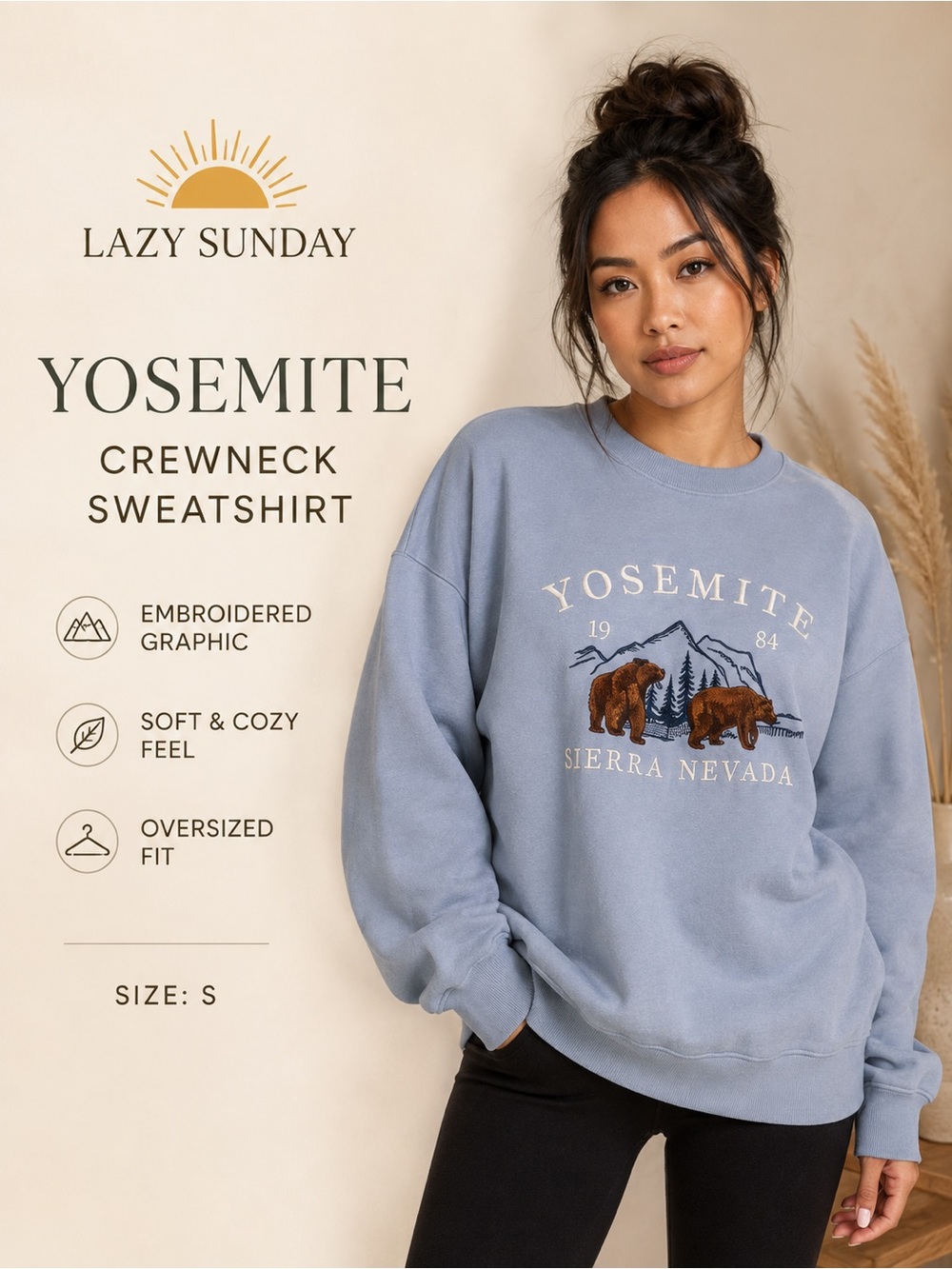 Lazy Sunday Yosemite Sierra Nevada Embroidered Crewneck Sweatshirt Size S